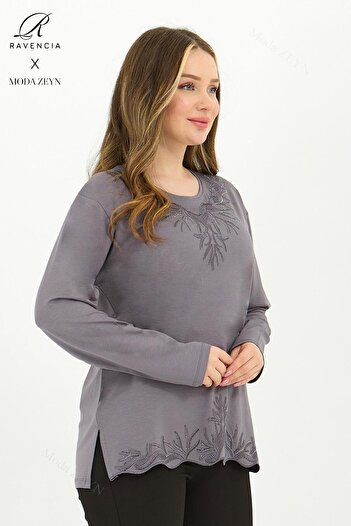 Ravencia Women's Middle Age and Above Viscose Collar Skirt Stone Embroidered Lycra Gray Mother Combed Cotton Blouse