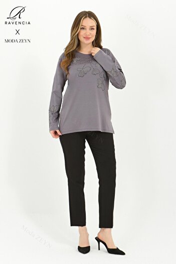 Ravencia Gray Lycra Viscose Combed Cotton Blouse - Middle-Aged and Above, Leaf Pattern and Stone Embroidery