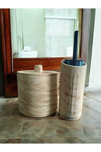 Trust Stone Marble Patterned Beige Concrete Trash Can and Wc Brush Holder Set, Accessory, Decoration