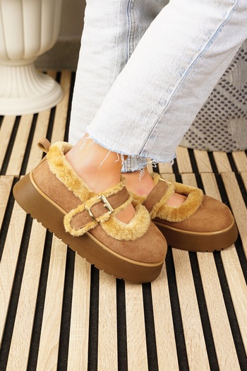 Nstil Daily Women's Tan Ballerinas Suede Thick Serrated Sole Oval Toe Adjustable Buckle 500H