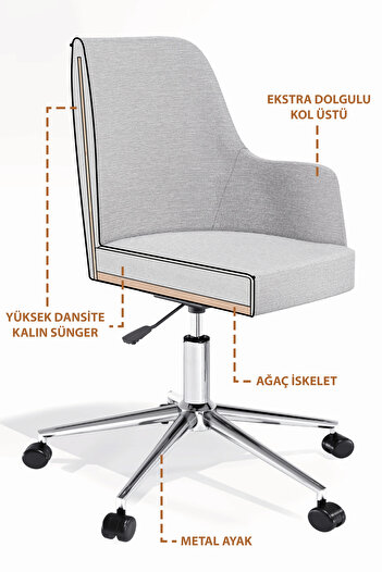 HAUSEBOX Silinebilir Keten Kumaş - Sabit Ayak Bekleme Koltuğu & Çalışma Sandalyesi (GRİ/KROM METAL AYAK)