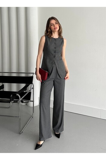Laluvia Anthracite Buttoned Vest Trousers Set -8484
