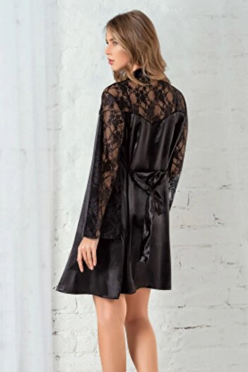 Angels Story Angel's Story 1700 Women's Satin Rope Strap Nightgown Dressing Gown Set-Black
