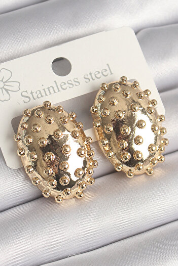 SeyCey.co Brass Gold Color Engraved Detailed Oval Curved Plate Model Women's Earrings