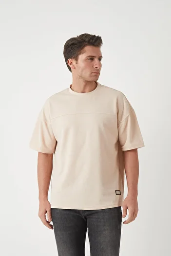 Valiberta Ανδρικό μπλουζάκι Basic Oversize με λεπτομέρεια πάνελ - Μπεζ