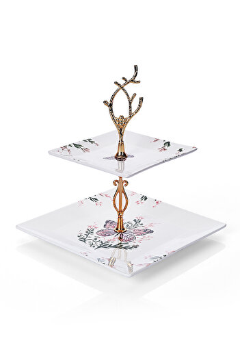 Piatti Naturali Double Layer Ceramic Butterfly Pattern Cookie Dish Snack Two Layer Presentation Plate Serving Set Catering
