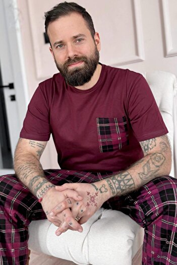 Pijamaevi Claret Red Plaid Pattern Pocket Detailed Short Sleeve Men's Pajama Set