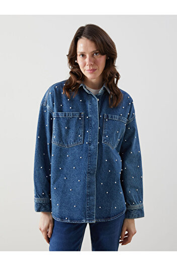 LC Waikiki LCW Comfort Індіго Сорочка з коміром та намистинами Oversize Жіноча джинсова туніка