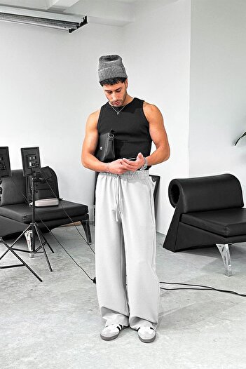 HAFKAGİYİM Gray Basic Elastic Waist Baggy Fabric Trousers
