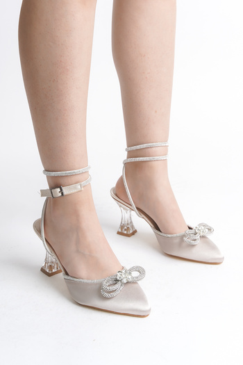 Limeo Women's Evening Dress Shoes with Bow Cream Ankle Stone Stripe Lacing Satin Transparent High Heels
