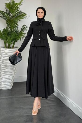 MERVEN AKYÜZ Black Cotton Voile Skirt and Lai Button Suit