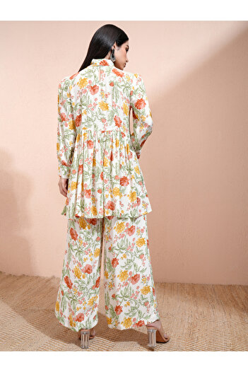 Vishudh By Styli All-Over Floral Print Tie-Up Neck Longline Tunic with Palazzo Pants Set