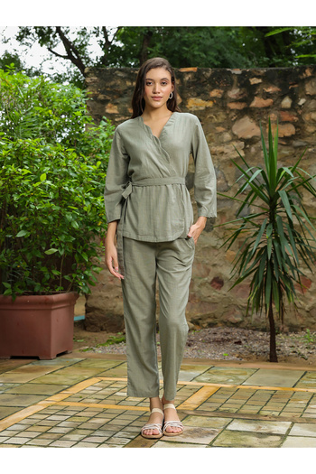 Sanskrutihomes By Styli Solid Cotton Belted Wrap Top with Trouser Co-Ords