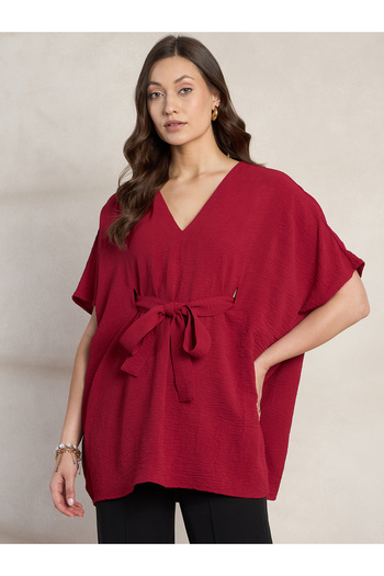 Femmella By Styli Solid V-Neck Kimono Top with Tie Up Detail