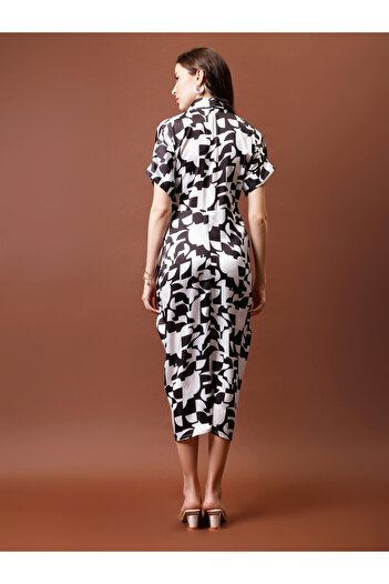 Athena By Styli Printed Satin Shirt Midi Dress with Pleated Detail