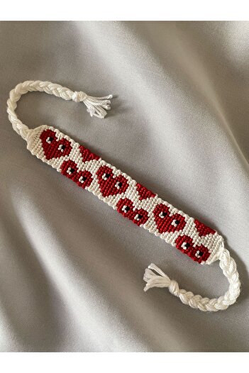 MELUSH Heart Patterned Braided Bracelet Red White Bracelet