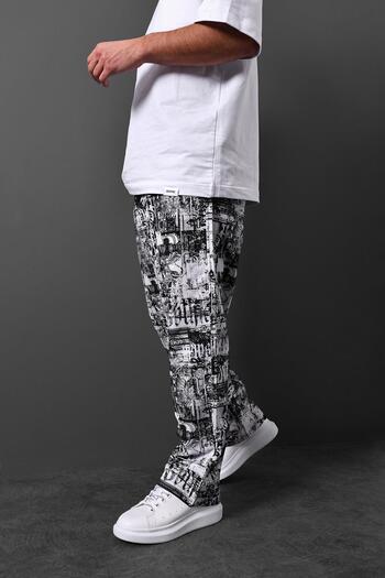 Slatra Men's White Digital Printing Parachute Fabric Baggy Pants
