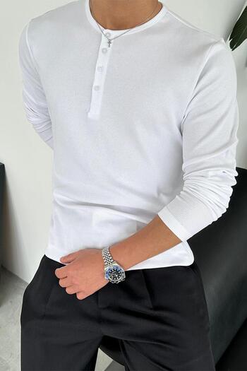 HAFKAGİYİM White Basic Corded Button Collar Relax Fit Long Sleeve T-Shirt