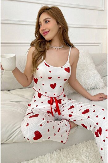 BELLA NOTTE Cotton Heart Printed Rope Strap Pajamas Set