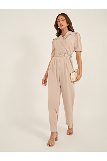 Styli Lapel Collar Straight Leg Jumpsuit with Elasticated Belt