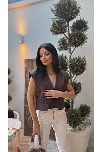 buqre's moda Women's Striped Pocket Cover Detailed Jacket Collar Vest