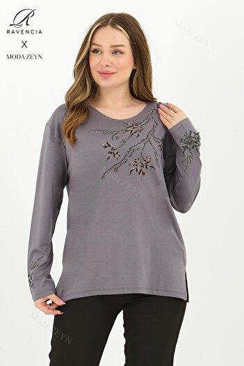 Ravencia Middle Aged Gray Viscose Blouse - Leaf Pattern, Stone Embroidered, Lycra Combed Cotton
