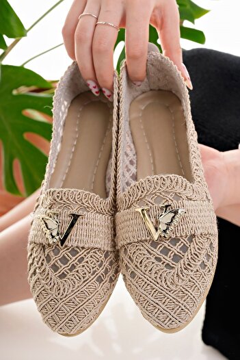 Modafırsat Women's Ballerina Beige Straw Knitted Lace Knitwear Stylish Home Business Office Daily Shoes