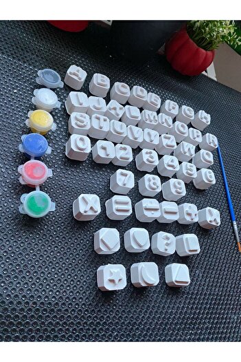 evimatolye Letters and Numbers 48 Pieces (3D) Alphabet Stone Painting Set Mother and Child Education Set
