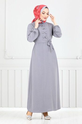 ModaMerve Belted Aerobin Dress - Gray 224Asn936-M