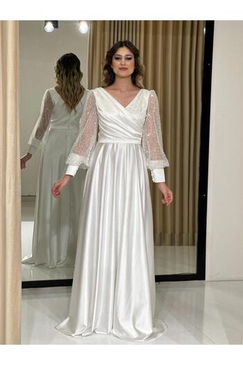 Kaleiçi Yıldızlar White Sequin Long Sleeve Satin New Season Evening Dress GS7050 7050