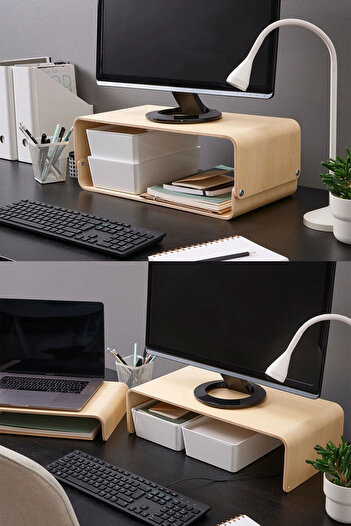 Binbirreyon Table Top Monitor Riser Lapptop Stand 3 Functions Use Wooden Be003