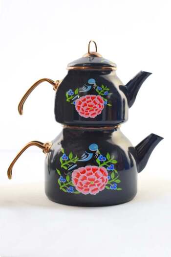 DEDEMİN EMAYELERİ Enameled Teapot Navy Blue Bird