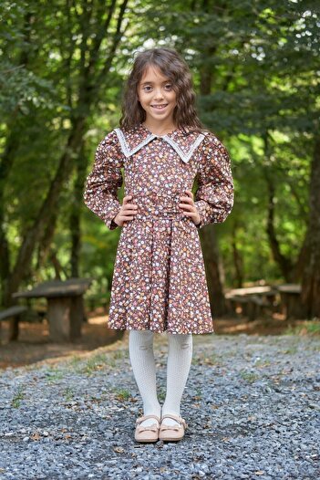 KÜÇÜĞÜM BUTİK Vintage Collared Long Sleeve Brown Floral Flared Girl's Dress
