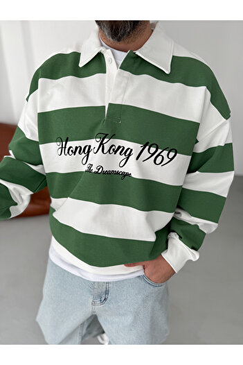 BYBASICMAN Yeşil Çizgili Hong Kong Nakışlı Sweat JJ-102