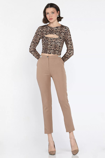 julude Beige Women's Fabric Trousers with Elastic Waist