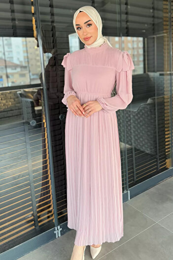 julude Powder Shoulder Detailed Pleated Hijab Chiffon Dress