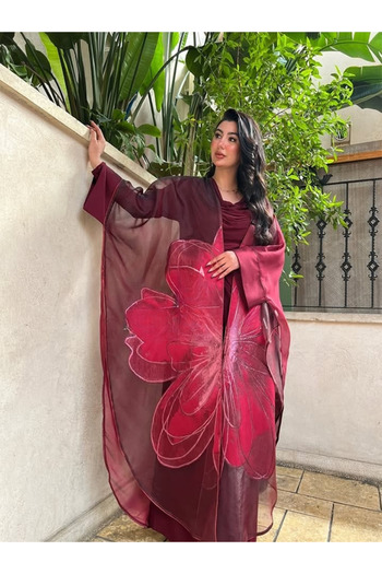 fiore fashion Suit Red Kaftan Abaya 145 cm Ferace Abaya Bisht Thin Fabric Suitable for Size 38-46 Plus Size