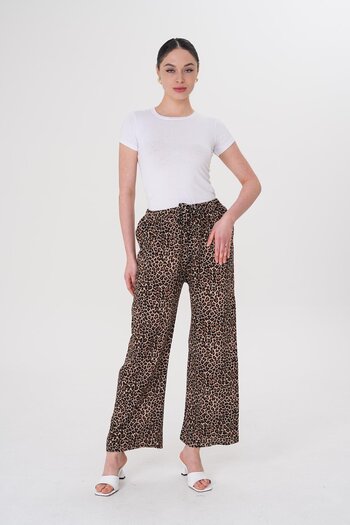 WestBound Women's Loose Wide Leg Digital Print Leopard Patterned Viscose Fabric Trousers