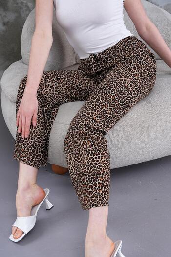 WestBound Women's Loose Wide Leg Digital Print Leopard Patterned Viscose Fabric Trousers