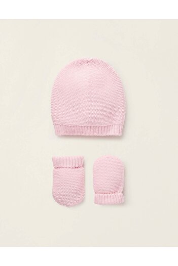 Ziddy Knit Set Beanie + Gloves for Newborn Girls, Pink