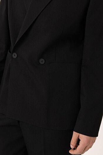 Antioch Siyah Relax Fit Kruvaze Kapama Erkek Teknik Blazer Ceket