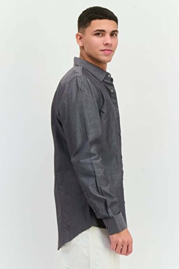 Perry Ellis Men Slim Fit Herringbone Print Long Sleeves Casual Shirt, Black