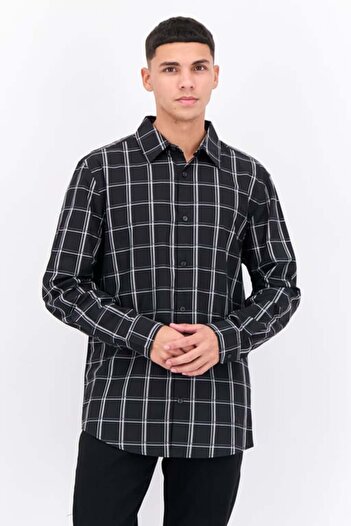 Perry Ellis Men Regular Fit Checkered Long Sleeves Casual Shirt, Alloy Black Combo