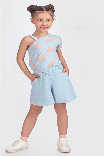Magu Cotton Blue Cherry Patterned Girl's Shorts Suit