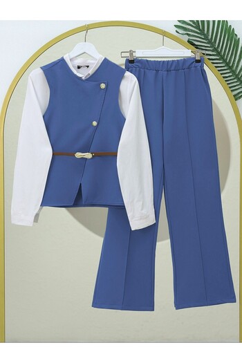 Modamorfo Wide Leg Trousers Suit with Waistband -Indigo