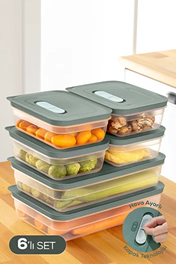 Vienev Adjustable Vegetable and Fruit Storage Container with 6 Air Ducts 4X(1.15 Lt) 2X(2.5 Lt) Green
