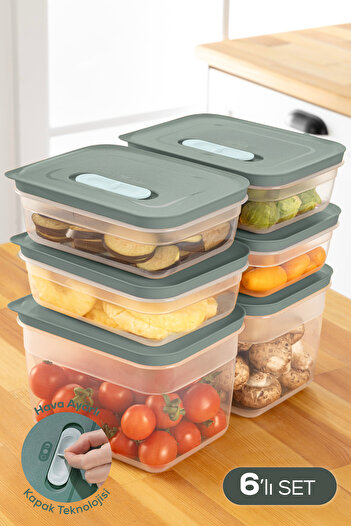 Vienev Adjustable Vegetable and Fruit Storage Container with 6 Air Ducts 4X(1.15 Lt) 2X(2.35 Lt) Green