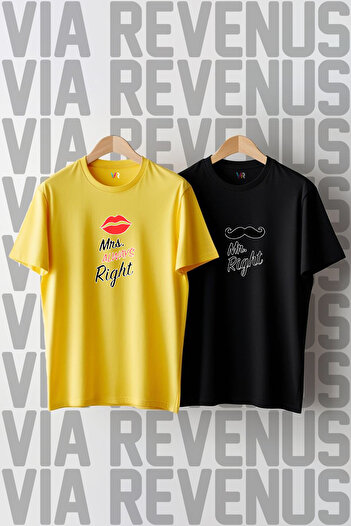 Vordevia Mr. Right and Always Right Printed Wide Cut Crew Neck Lover Combination Tshirt
