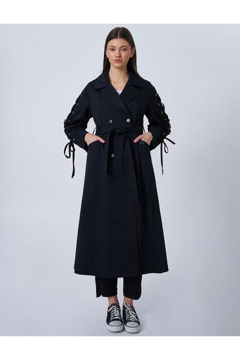 KYR Lace Detailed Belted Trench Coat Black