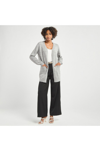 FAV Embellished Open Front Cardigan With Long Sleeves And Pockets